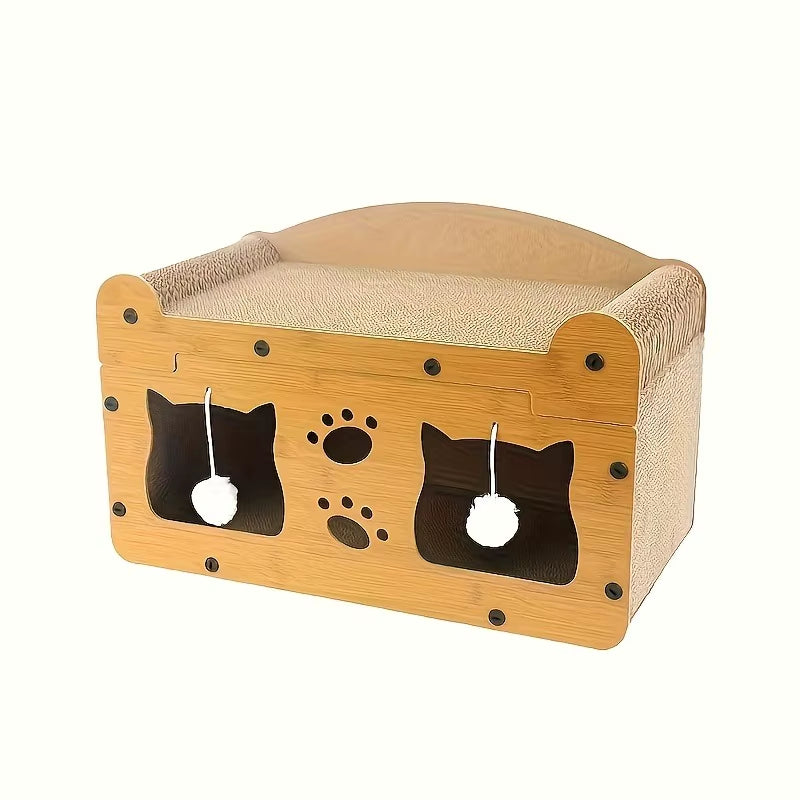 2-In-1 Orange Natural Wood Design Cat Scratching Board Lounge Bed Sturdy Cardboard Interactive Hanging Toys Solid Pattern Box