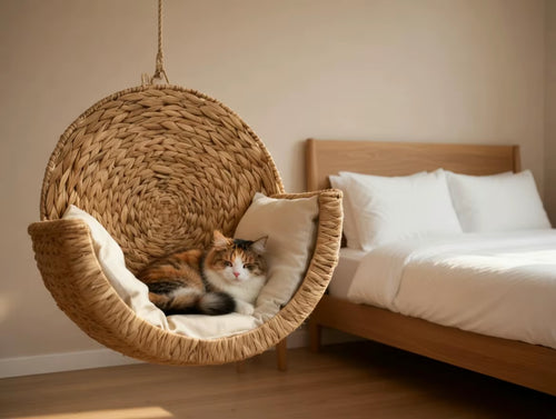 Cozy Modern Fashion Elevated Natural Water Hyacinth Wicker Cat Bed Cave-Solid Pattern Pet Sleeping Pod for Cats