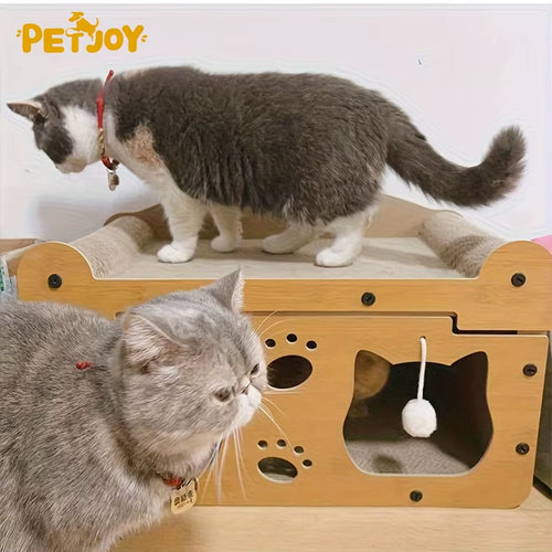 2-In-1 Orange Natural Wood Design Cat Scratching Board Lounge Bed Sturdy Cardboard Interactive Hanging Toys Solid Pattern Box