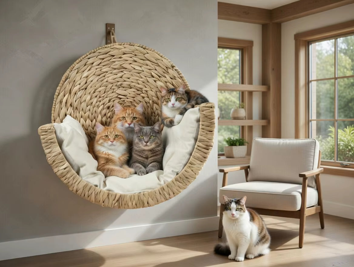 Cozy Modern Fashion Elevated Natural Water Hyacinth Wicker Cat Bed Cave-Solid Pattern Pet Sleeping Pod for Cats