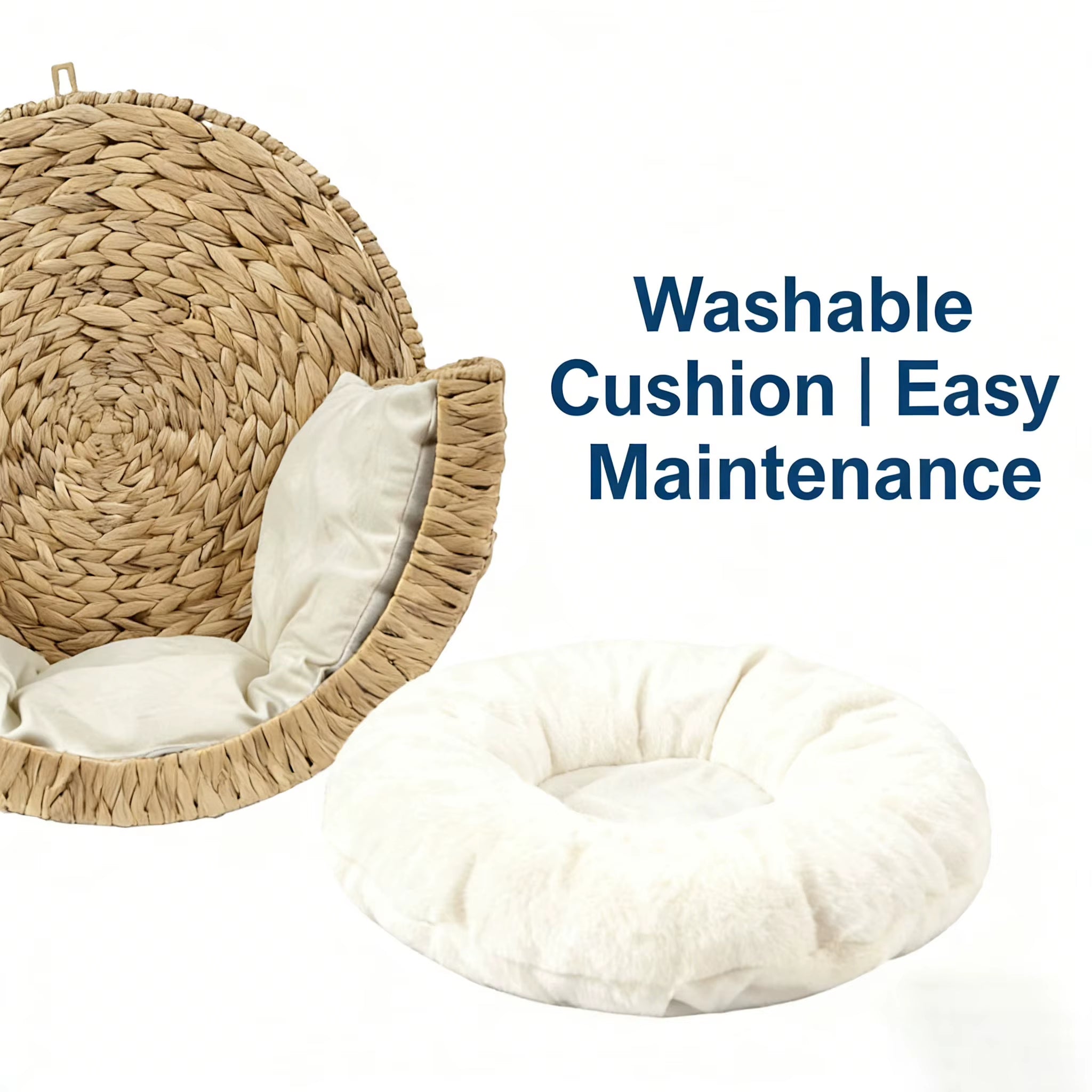 Cozy Modern Fashion Elevated Natural Water Hyacinth Wicker Cat Bed Cave-Solid Pattern Pet Sleeping Pod for Cats