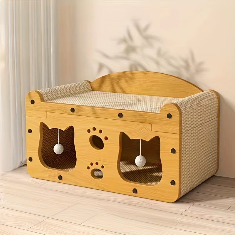 2-In-1 Orange Natural Wood Design Cat Scratching Board Lounge Bed Sturdy Cardboard Interactive Hanging Toys Solid Pattern Box
