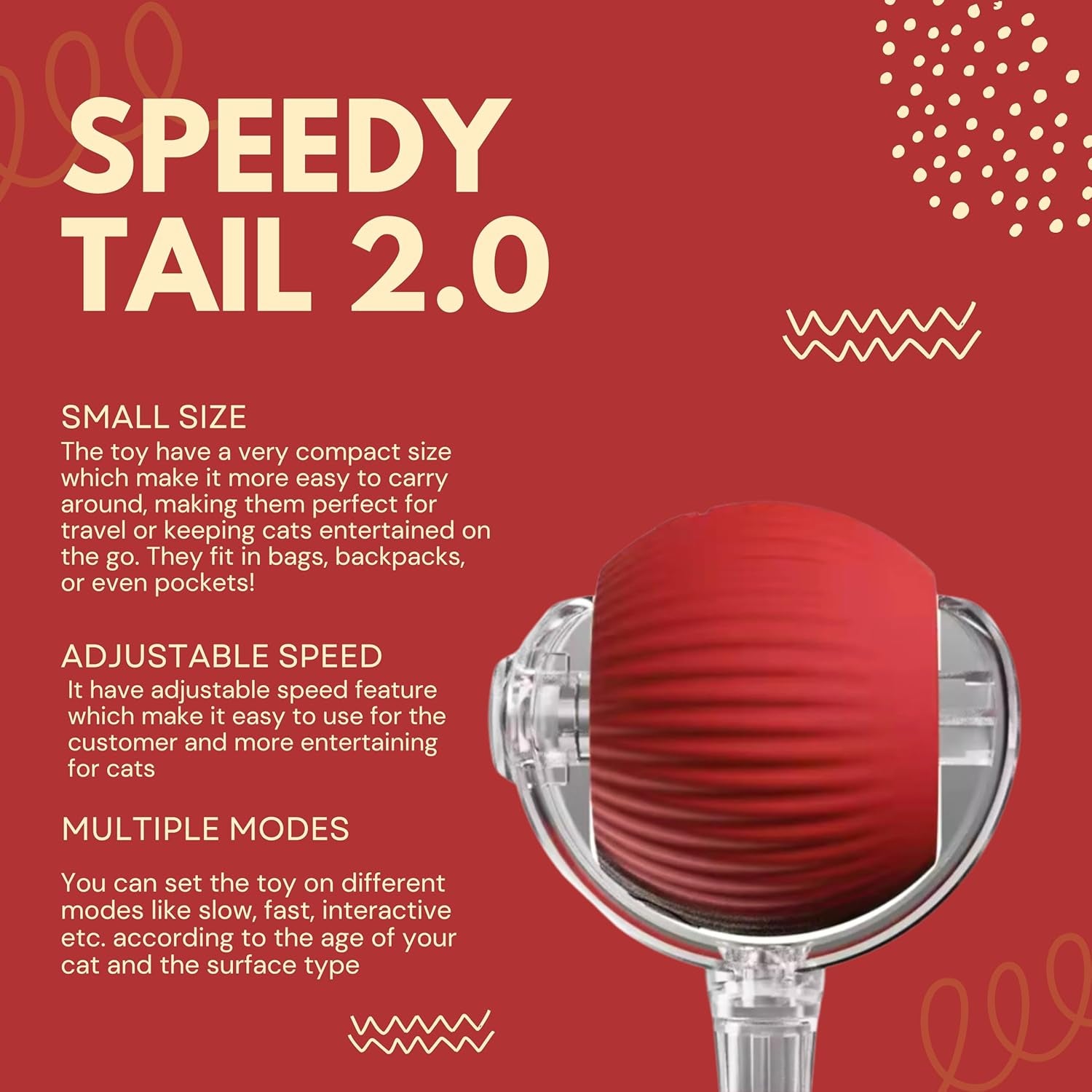 Speedy Tail 2.0 Cat Toy, 360°Automatic Rolling Ball, Smart Interactive Cat Toy, Smart Jumping Ball for Dogs, Speedy Tail 3.0, Automatic Dog Walker (Red)
