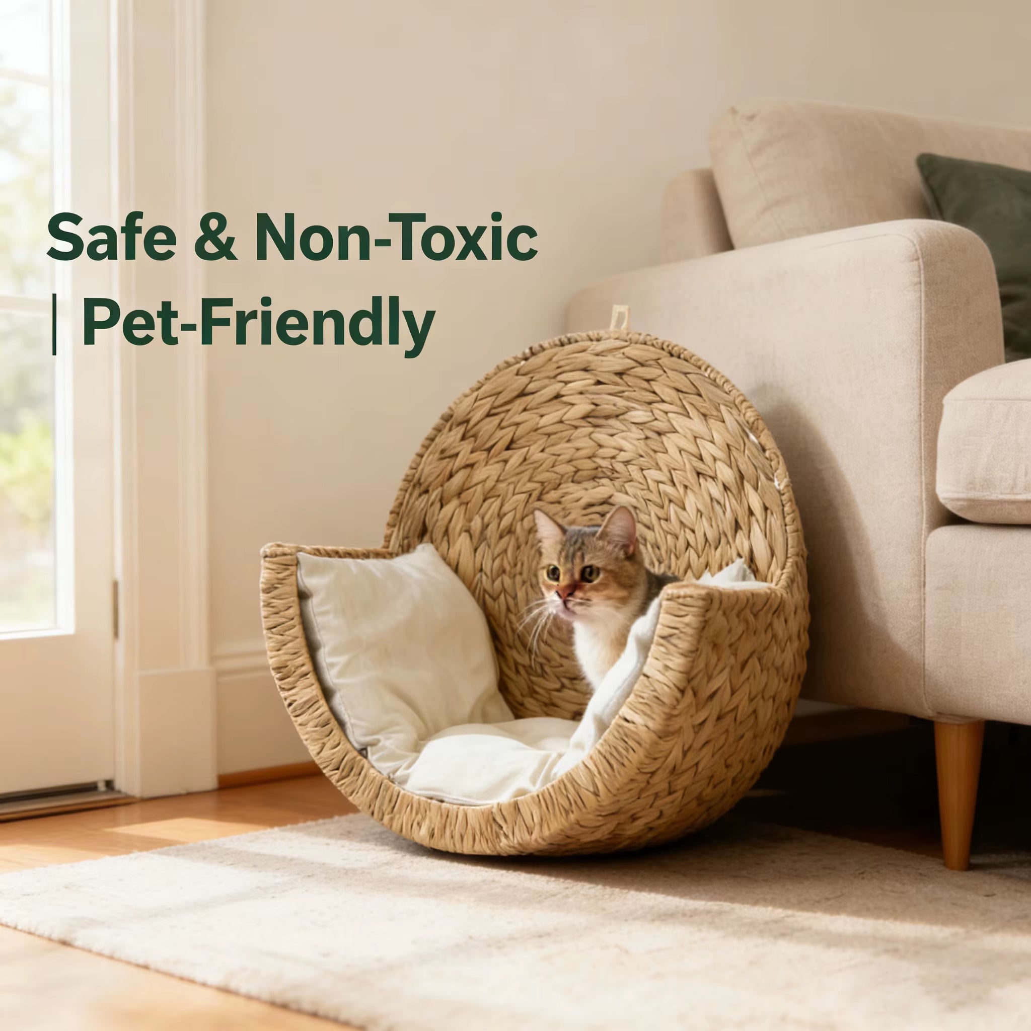 Cozy Modern Fashion Elevated Natural Water Hyacinth Wicker Cat Bed Cave-Solid Pattern Pet Sleeping Pod for Cats