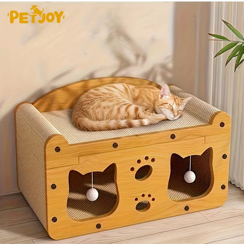 2-In-1 Orange Natural Wood Design Cat Scratching Board Lounge Bed Sturdy Cardboard Interactive Hanging Toys Solid Pattern Box