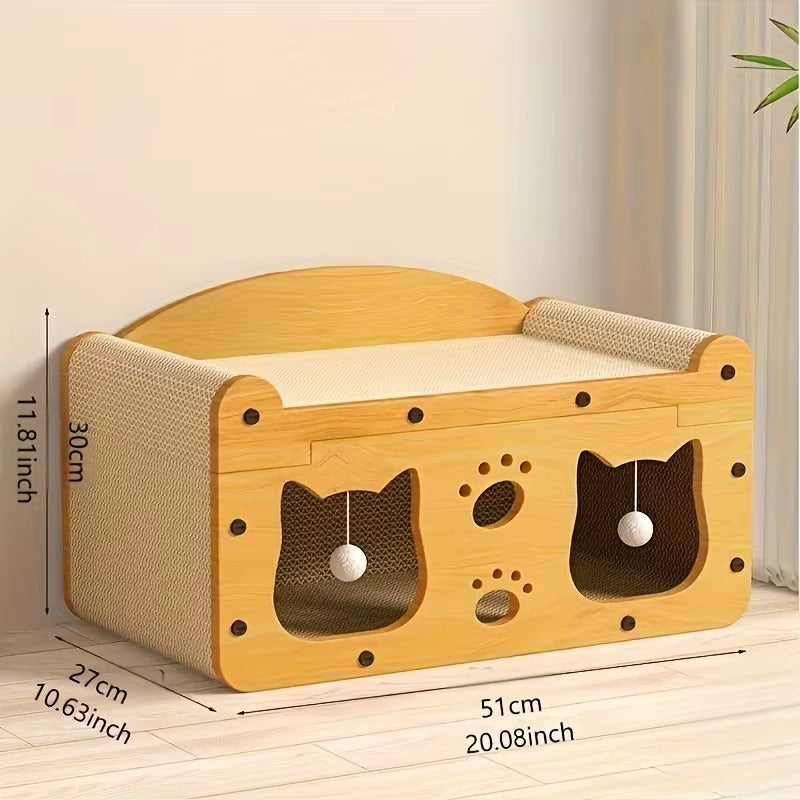 2-In-1 Orange Natural Wood Design Cat Scratching Board Lounge Bed Sturdy Cardboard Interactive Hanging Toys Solid Pattern Box