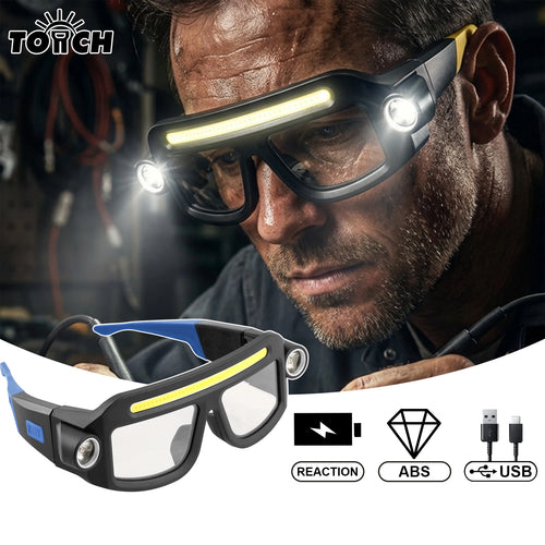 LED Safety Glasses with Lighting Function, Rechargeable Headlamp Glasses, Hands-Free Work Lighting Goggles with Side Flashlights